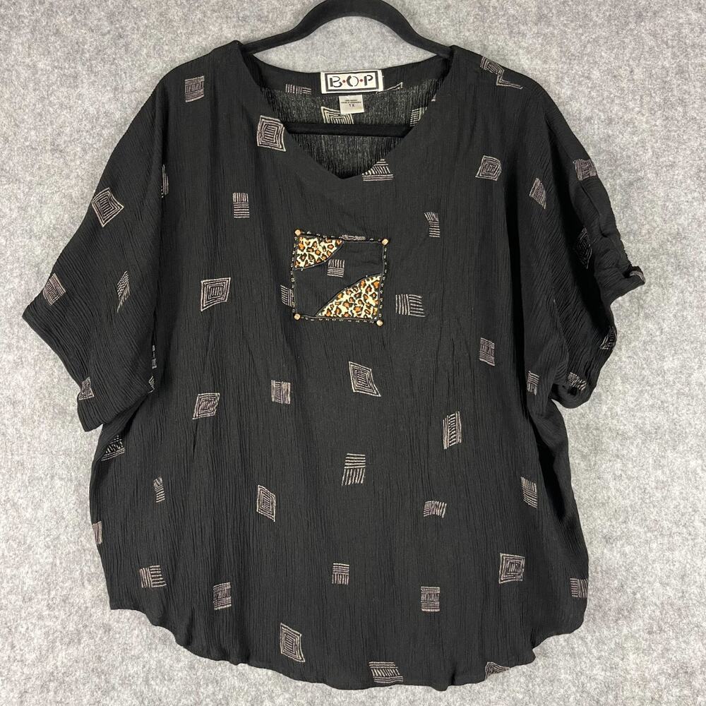 We Be Bop Top Womens‎ 1X Black Printed Beaded Tribal Aztec Artsy Batik Relaxed